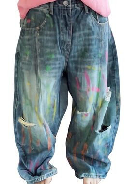 Paint-Splatter Distressed Baggy Jeans - Blue with Multicolor Splashes